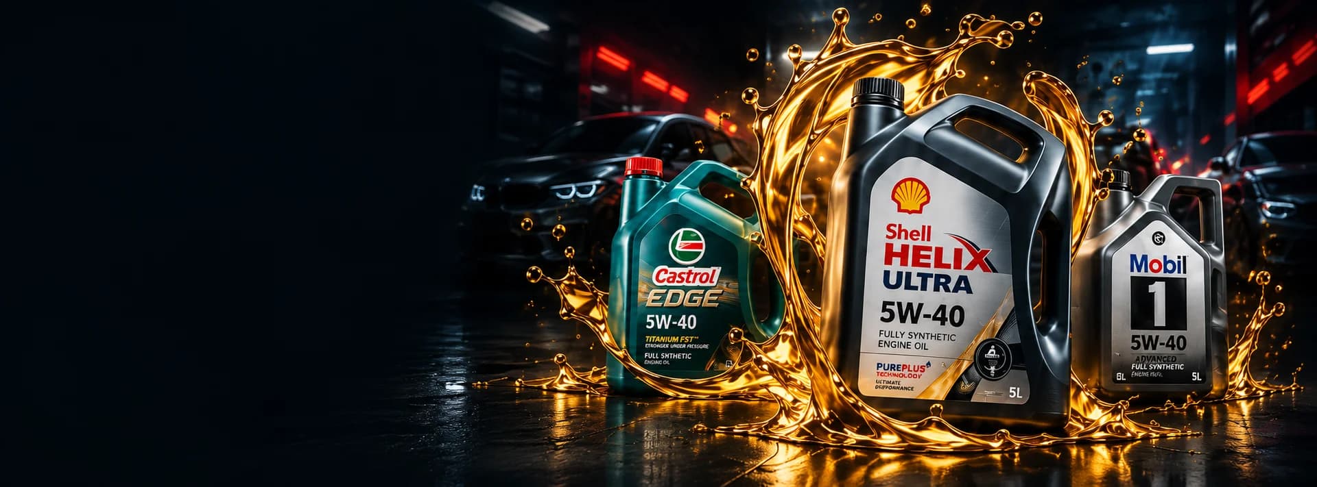 Golden oil in a dark automotive garage